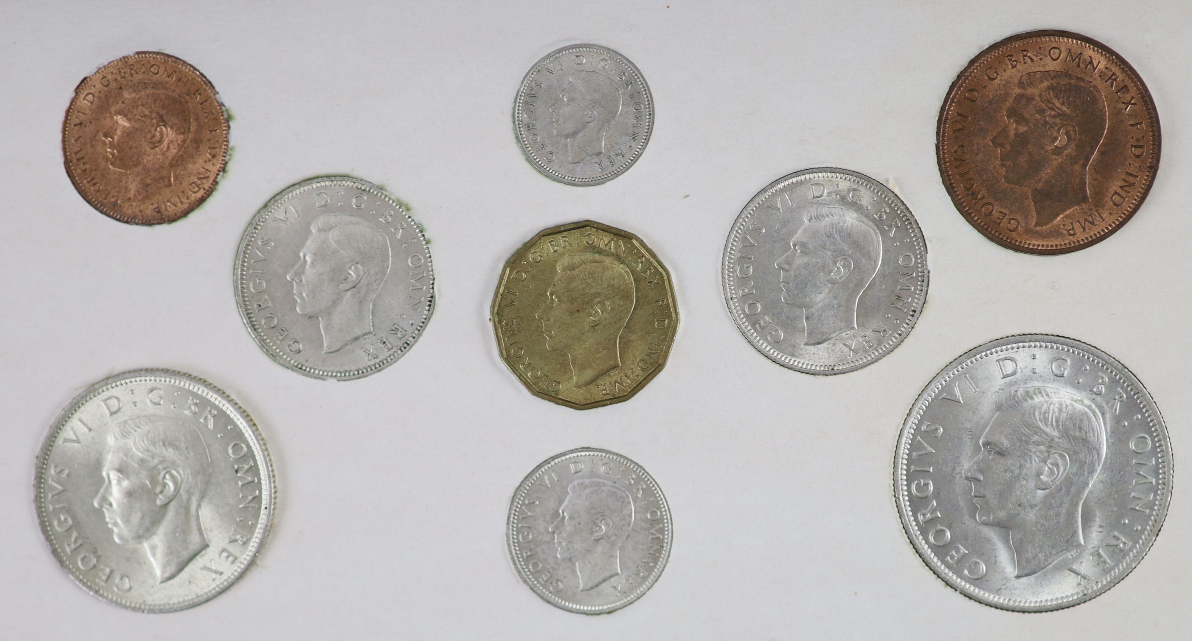 George VI specimen coin sets for 1938, 1939, 1940, 1941, 1942 and 1943, first coinage, the majority about EF or better